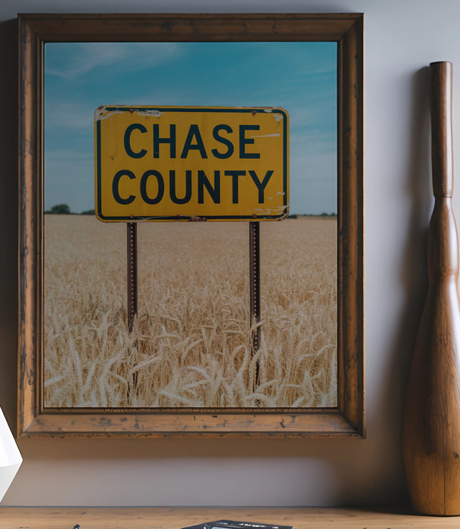Framed artwork shows a Chase County sign in a golden wheat field.