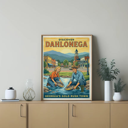 Discover Dahlonega Georgia's Gold Rush Town poster with people panning for gold.
