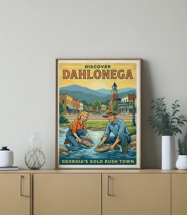 Discover Dahlonega Georgia's Gold Rush Town poster with people panning for gold.