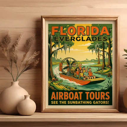 Florida Everglades airboat tour poster with alligators and text.