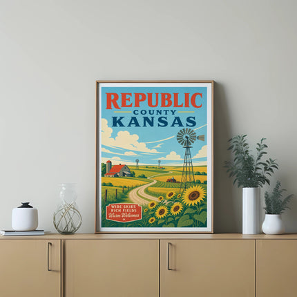 Republic County Kansas vintage travel poster with sunflowers and windmill.