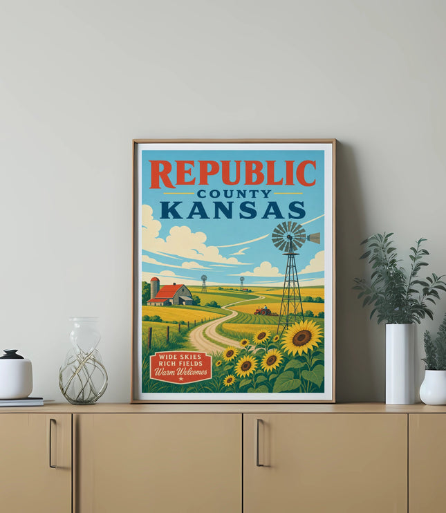 Republic County Kansas vintage travel poster with sunflowers and windmill.
