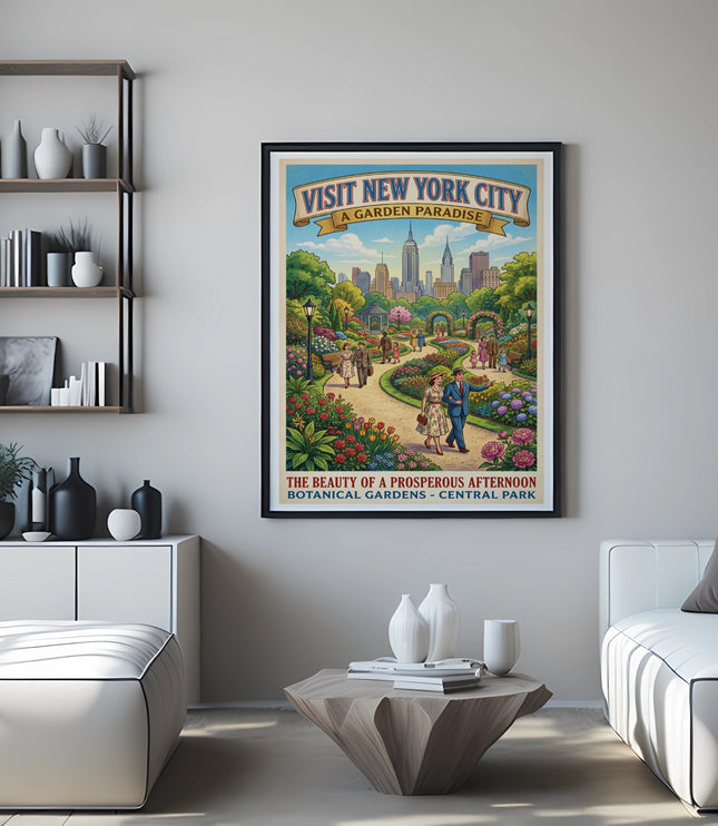 Vintage New York City botanical gardens poster with skyline and people.