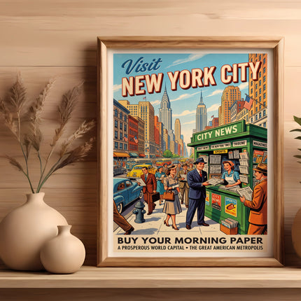 Vintage poster of New York City street scene with headline "Visit NEW YORK CITY."