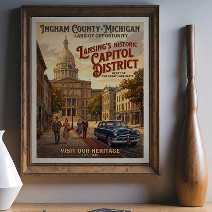 Ingham County Michigan poster showing Lansing's Capitol District and vintage car.