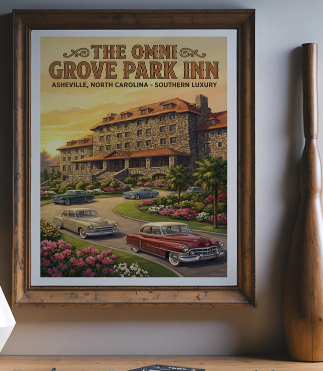 Retro poster of Omni Grove Park Inn, Asheville, North Carolina, with vintage cars.
