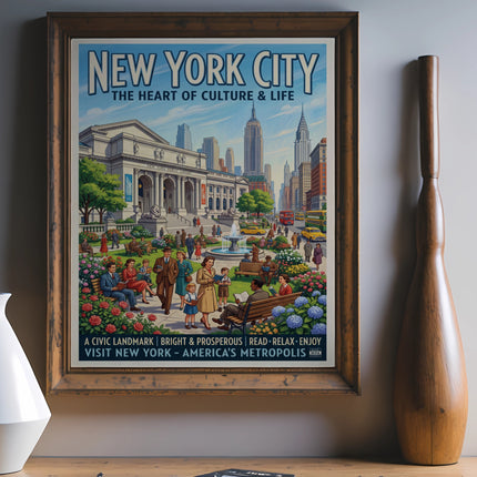 Vintage New York City poster showing people enjoying a sunny day outside a grand building.