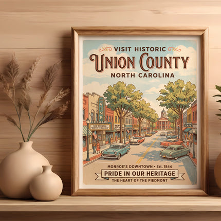 Vintage Union County, North Carolina poster depicting a street scene with cars and buildings.