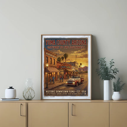 Yuma County, Arizona poster depicting historic downtown with a vintage truck and sunset.