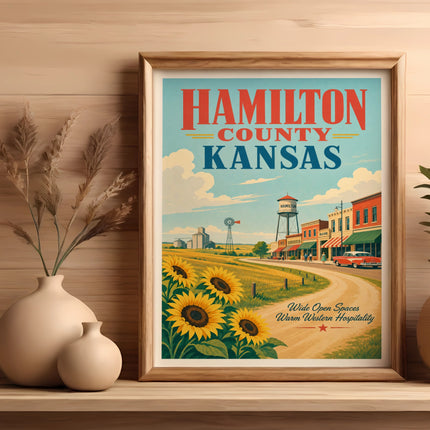 Vintage poster of Hamilton County sunflowers, buildings, and landscape.