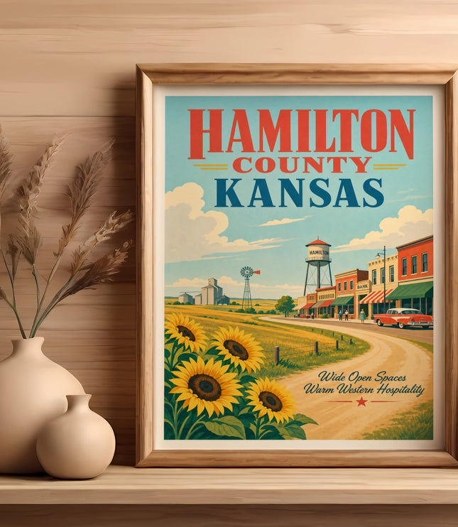 Vintage poster of Hamilton County sunflowers, buildings, and landscape.