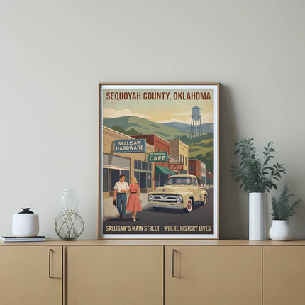 Sequoyah County, Oklahoma poster: couple, truck, Sallisaw Hardware, Sequoyah Cafe.
