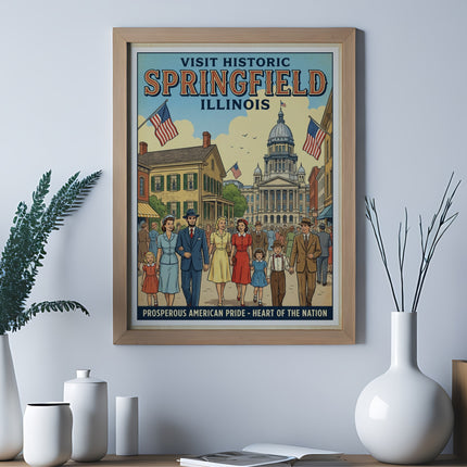 Vintage poster promoting Springfield, Illinois, with a scene of people and buildings.