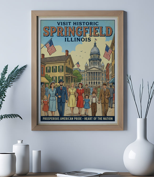 Vintage poster promoting Springfield, Illinois, with a scene of people and buildings.