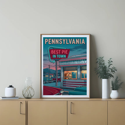 Retro diner sign with "PENNSYLVANIA BEST PIE IN TOWN" neon text.
