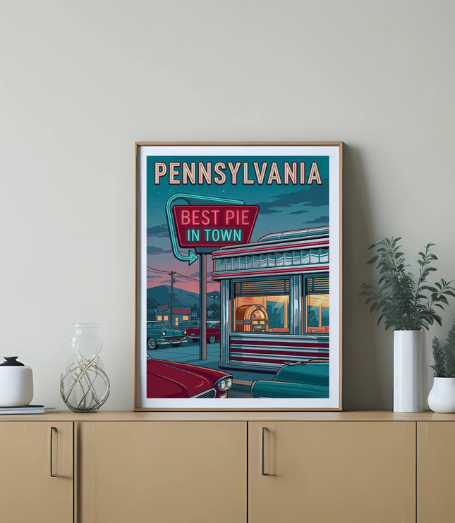 Retro diner sign with "PENNSYLVANIA BEST PIE IN TOWN" neon text.