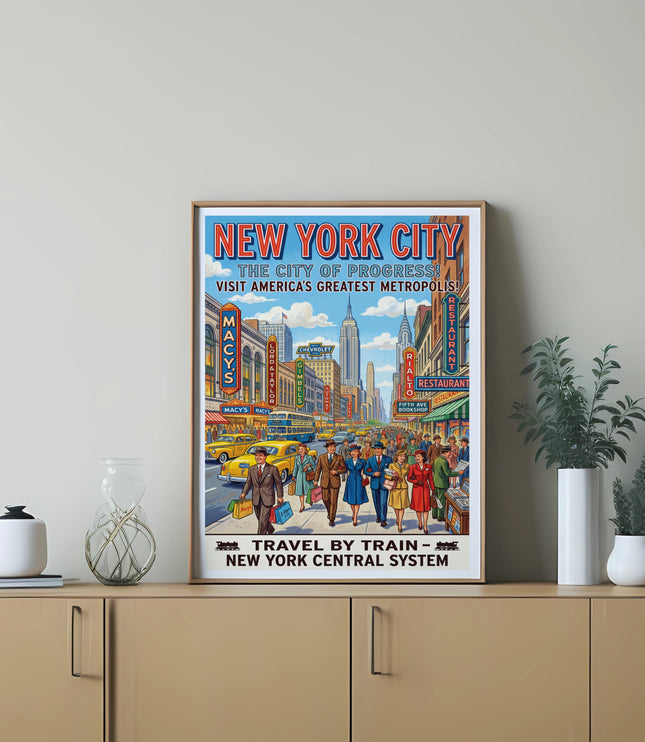 Vintage New York City poster detailing attractions, people, and yellow cabs. Travel by Train.