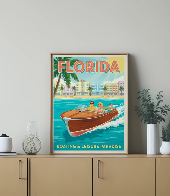 Vintage Florida poster with couple in boat, palm trees, and beach buildings.