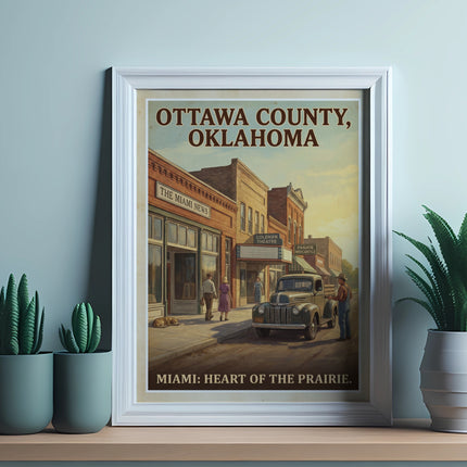 Ottawa County, Oklahoma vintage poster with "Miami: Heart of the Prairie" slogan.
