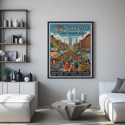 Vintage "New York City: A Sunny Weekend Market" poster on wall above coffee table.