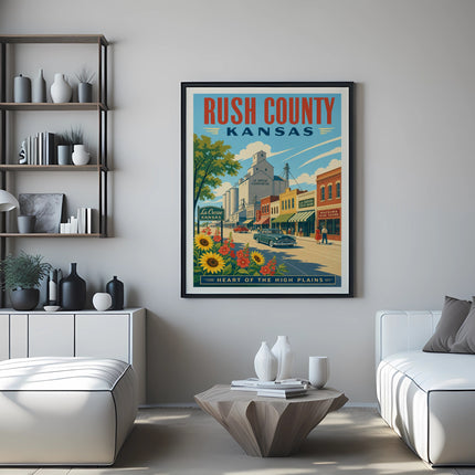 Rush County, Kansas vintage travel poster with sunflowers and main street buildings.