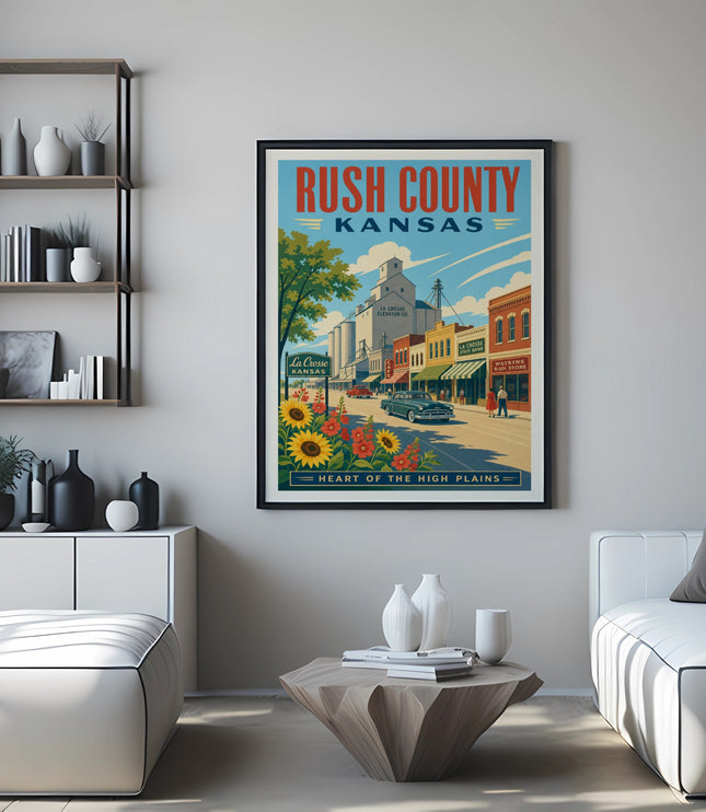 Rush County, Kansas vintage travel poster with sunflowers and main street buildings.