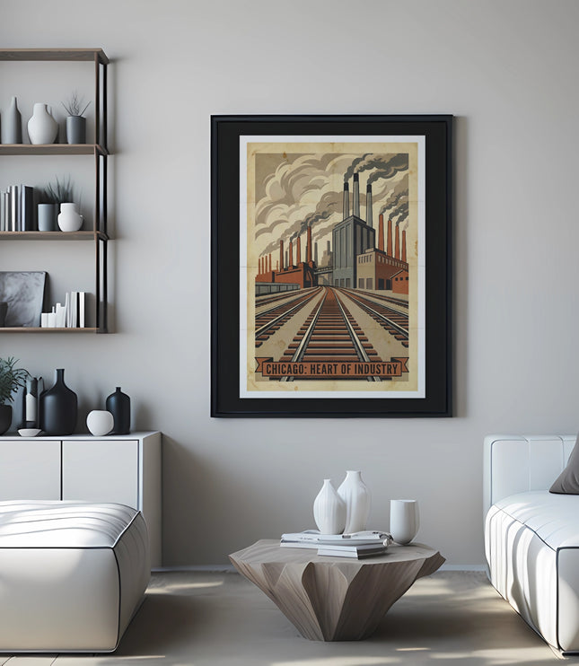 Framed print of Chicago: Heart of Industry artwork above a minimalist living space.