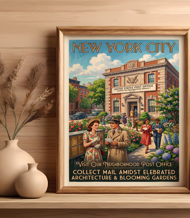 New York City vintage poster of a post office with people and gardens.