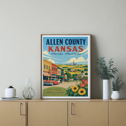 Allen County, Kansas vintage travel poster with sun, flowers, and a car.
