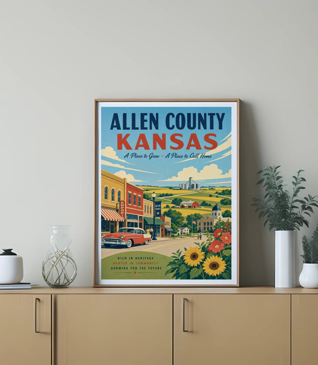 Allen County, Kansas vintage travel poster with sun, flowers, and a car.