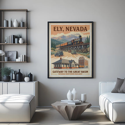 Ely, Nevada retro travel poster showing train, cars, and buildings.