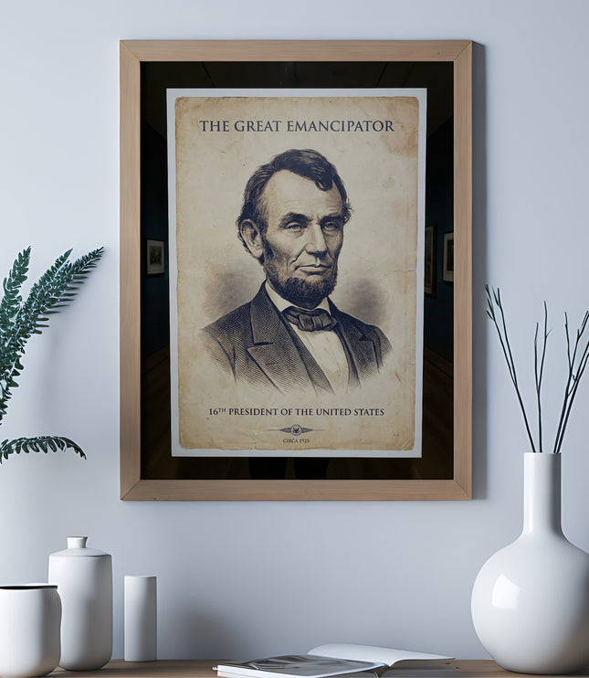 Portrait of Abraham Lincoln titled "The Great Emancipator".