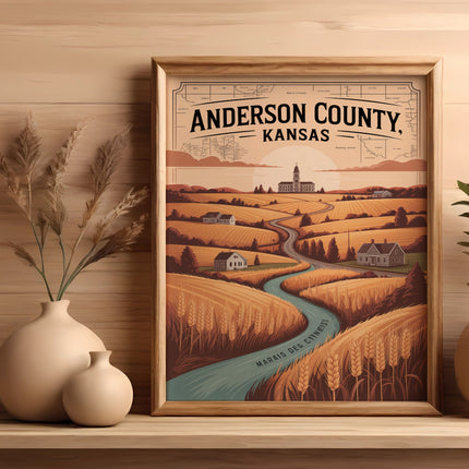 Framed vintage map of Anderson County, Kansas, featuring rural landscape and river.