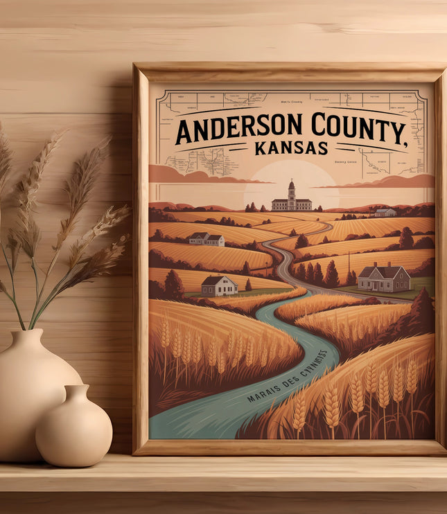 Framed vintage map of Anderson County, Kansas, featuring rural landscape and river.