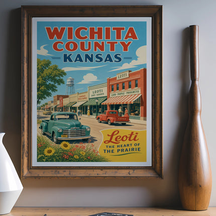 Vintage poster for Wichita County, Kansas, featuring Leoti's downtown and a Ford truck.