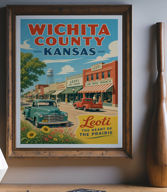 Vintage poster for Wichita County, Kansas, featuring Leoti's downtown and a Ford truck.