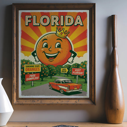 Vintage Florida orange juice poster with smiling orange and classic car.