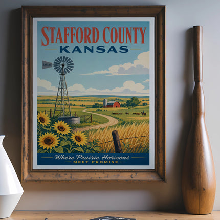 Stafford County, Kansas travel poster with windmills, sunflowers, and rolling fields.