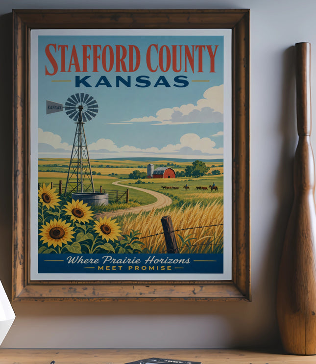 Stafford County, Kansas travel poster with windmills, sunflowers, and rolling fields.