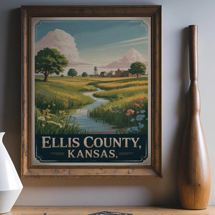 Vintage poster of Ellis County, Kansas landscape with a flowing creek.