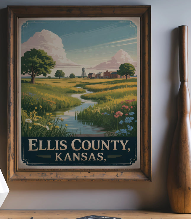 Vintage poster of Ellis County, Kansas landscape with a flowing creek.