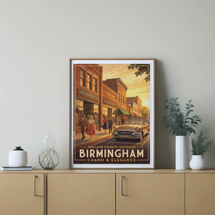 Vintage poster of Birmingham, Oakland County, Michigan, featuring a classic car.