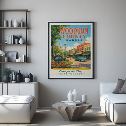 Woodson County, Kansas poster with Yates Center landmarks, historic charm, and vibrant colors.