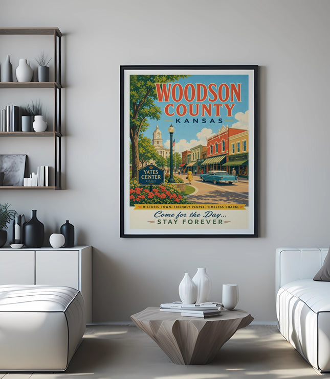 Woodson County, Kansas poster with Yates Center landmarks, historic charm, and vibrant colors.