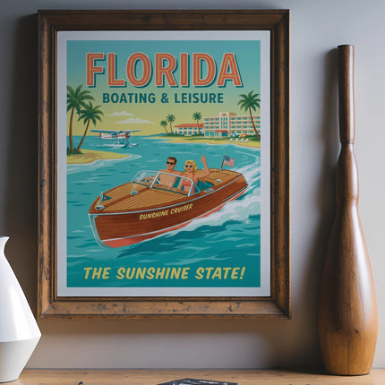 Retro Florida boating and leisure travel poster with a couple in a speedboat.
