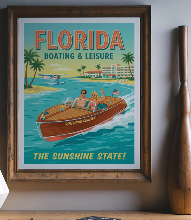 Retro Florida boating and leisure travel poster with a couple in a speedboat.