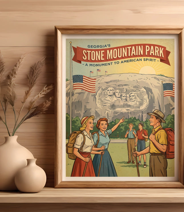 Framed poster of Georgia's Stone Mountain Park with figures and flags.