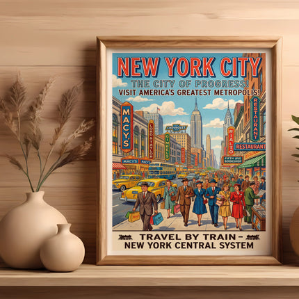 New York City travel poster with train and city landmarks.