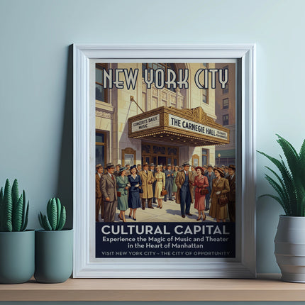 Poster for New York City featuring Carnegie Hall and cultural opportunities.