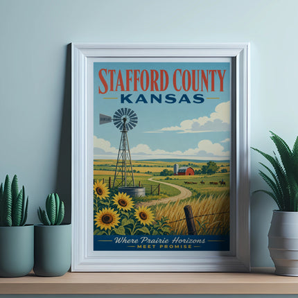Stafford County Kansas poster with windmill, sunflowers, and farm scene.